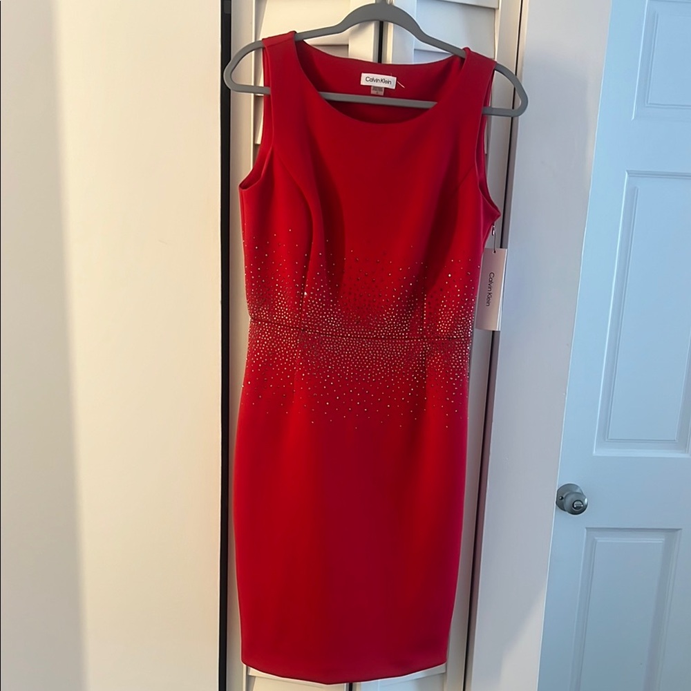 NWT Calvin Klein Red Sheath Midi Dress Scoop Neck